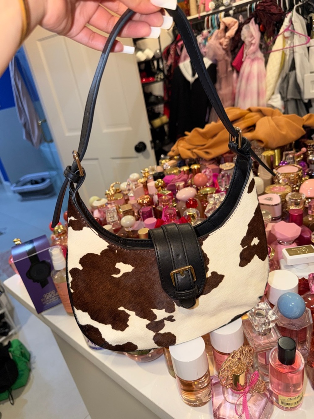 Topshop Brown & White Cowhide Shoulder Bag with Black Trim